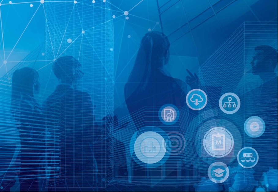 Leute im Hintergrund, davor Symbole