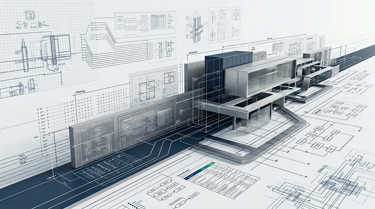 Abstrakte architektonische Datenvisualisierung: Überlagerte, transluzente Ebenen mit präzisen Linienstrukturen, Grundriss-Rasterfeldern und Knotenpunkt-Verbindungsnetzen symbolisieren das ISO 19650 Informationsmanagement im Building Information Modelling (BIM). Farbpalette in Weiß, Kaltgrau und Tiefblau mit goldenen Akzentpunkten. Visual für das Fachmagazin bSD+.