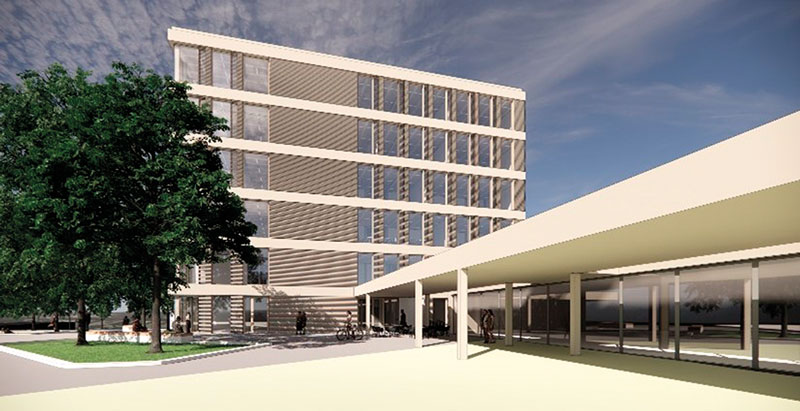 Abbildung 1: Perspektive aus dem Architekturmodell mit Blick von der Mensa auf das Fakultätsgebäude 