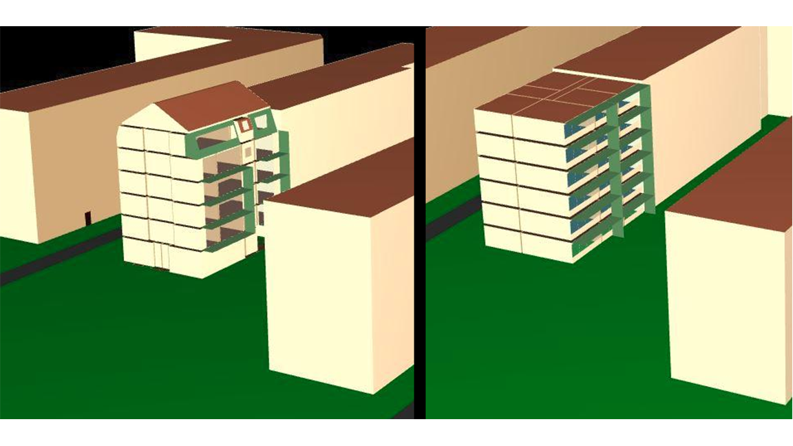Abbildung 5: Ausschnitt aus der Energiesimulation mit dem konkreten Entwurf des Gebäudes vom Objektplaner (links) und der angenäherten Erstellung eines generischen Gebäudemodells in sehr frühen Planungsphasen (rechts)